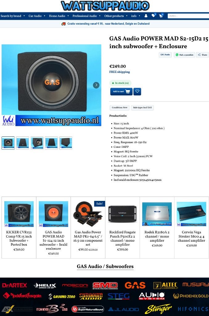 GAS Audio POWER MAD S2-15D2 15 inch subwoofer+behuizing, Info@optimount.nl, Nieuw, Ophalen of Verzenden, Anholtseweg 48A 7091 HB DINXPERLO
