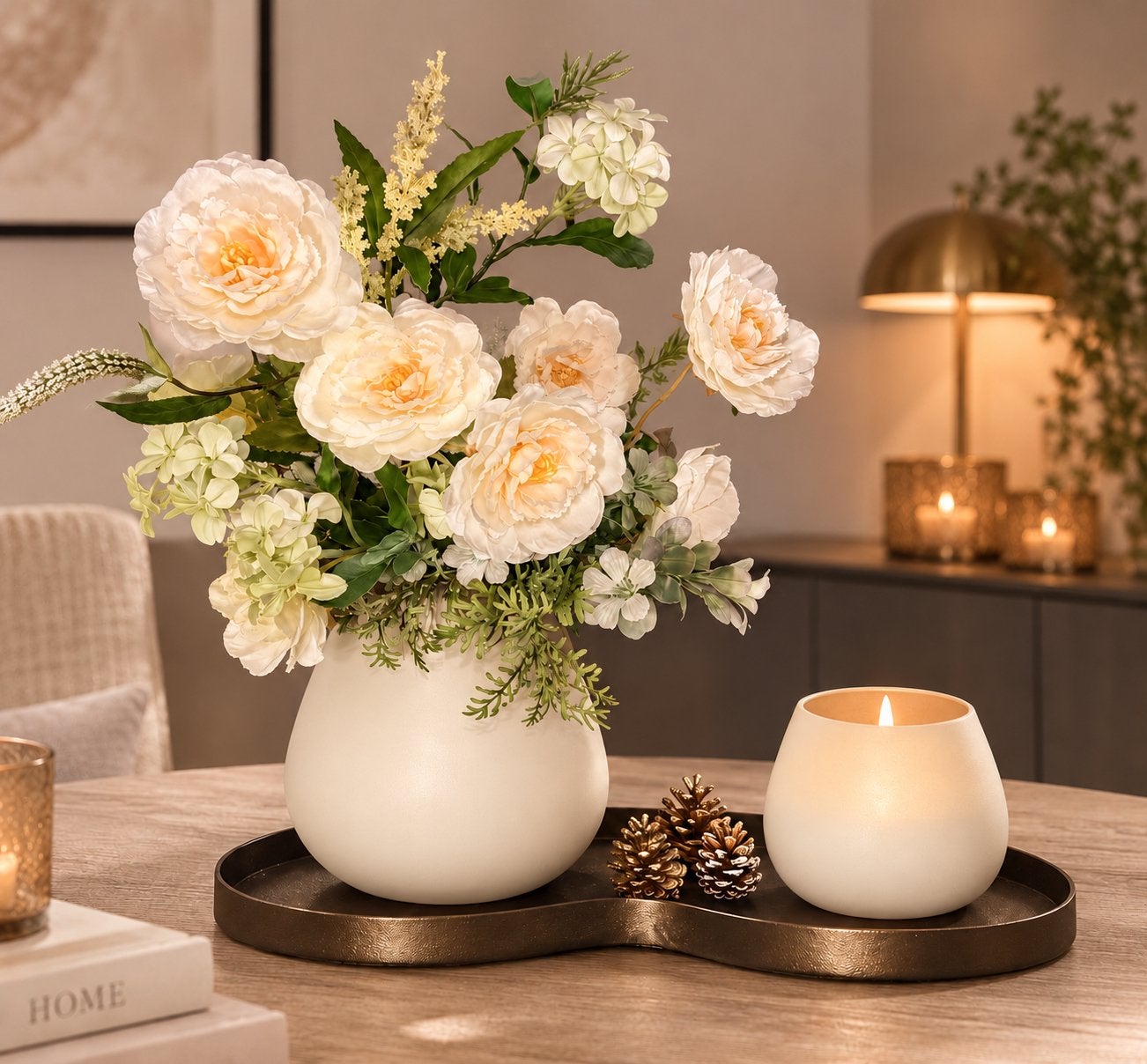 Compleet tafeldecoratie set – Op organisch dienblad Brons, Binnen, Www.discountfashioncorner.nl, Clayre & Eef, Inclusief kunstbloemen