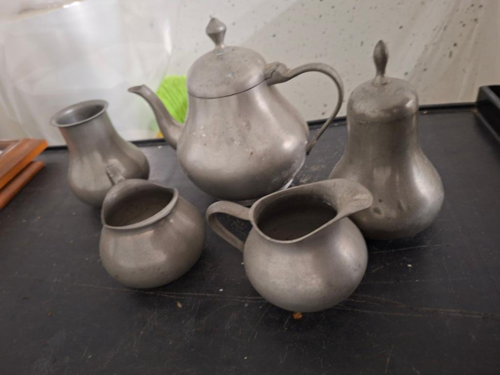 Vintage Vijfdelige Tinnen Theeset - Antieke Serviescollectie, Ophalen of Verzenden
