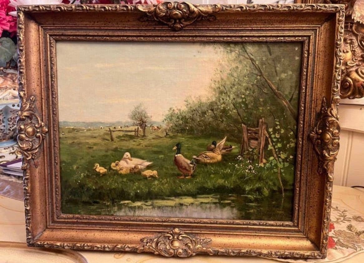 Antiek olieverf landschap met eendjes en koeien, Ophalen