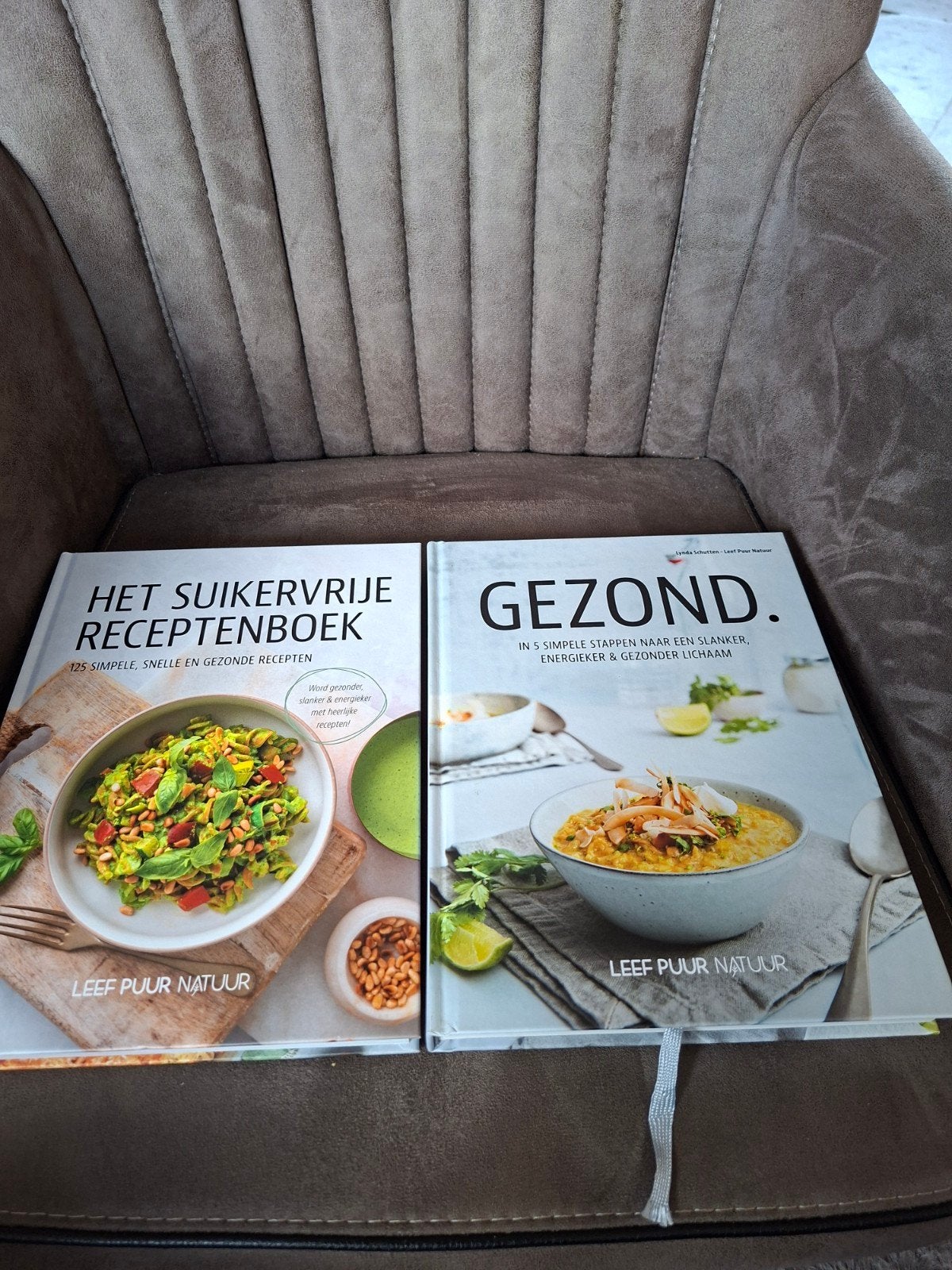 2 kookboeken: Het Suikervrije Receptenboek & Gezond, Hoofdgerechten, Gezond koken, Leef Puur Natuur, Ophalen of Verzenden
