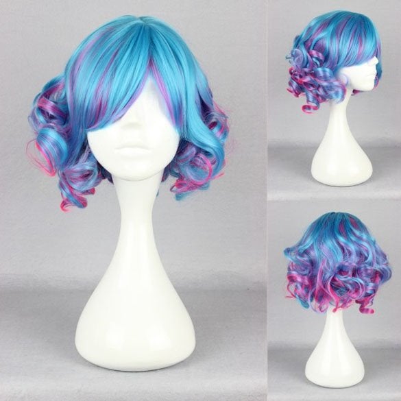 Carnaval pruik kort met krulletjes helder blauw fel roze, Ophalen of Verzenden, Nieuw, Pruik of Haarverlenging