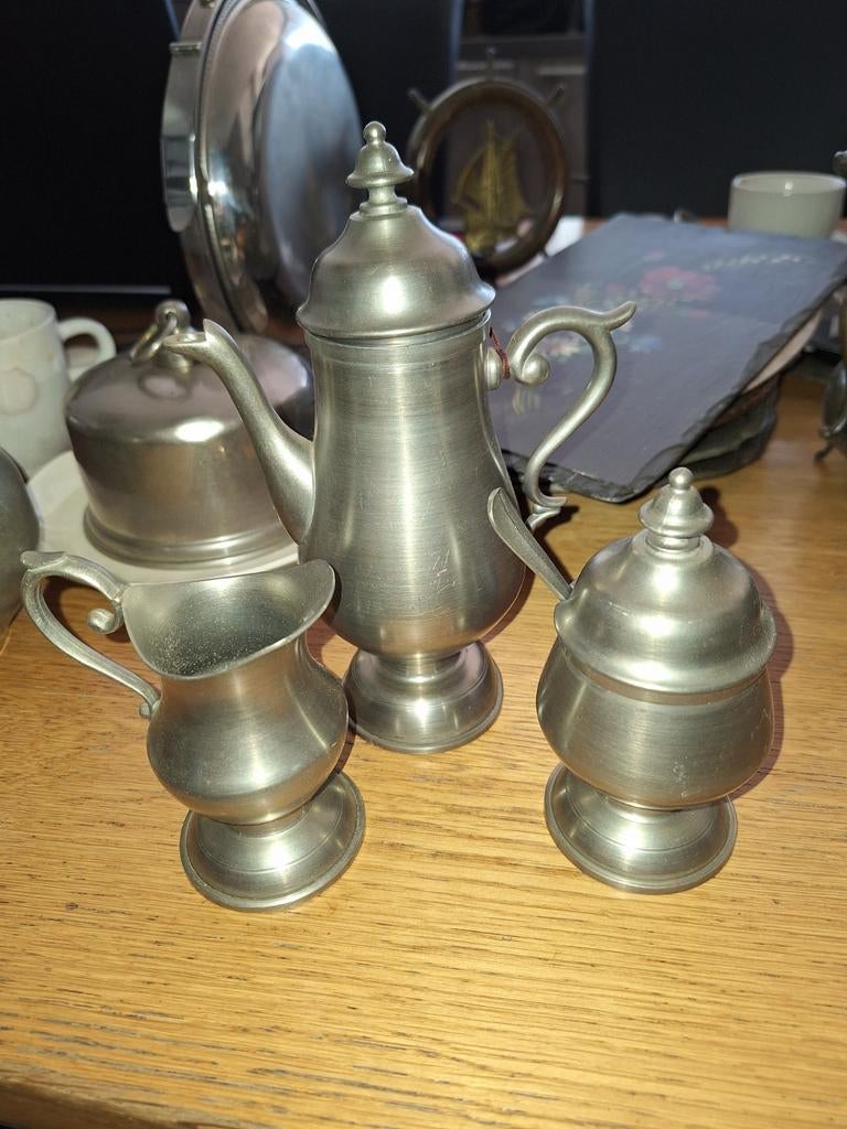 Antiek tinnen koffie- en theeservies, Antiek en Kunst, Antiek | Tin, Ophalen of Verzenden