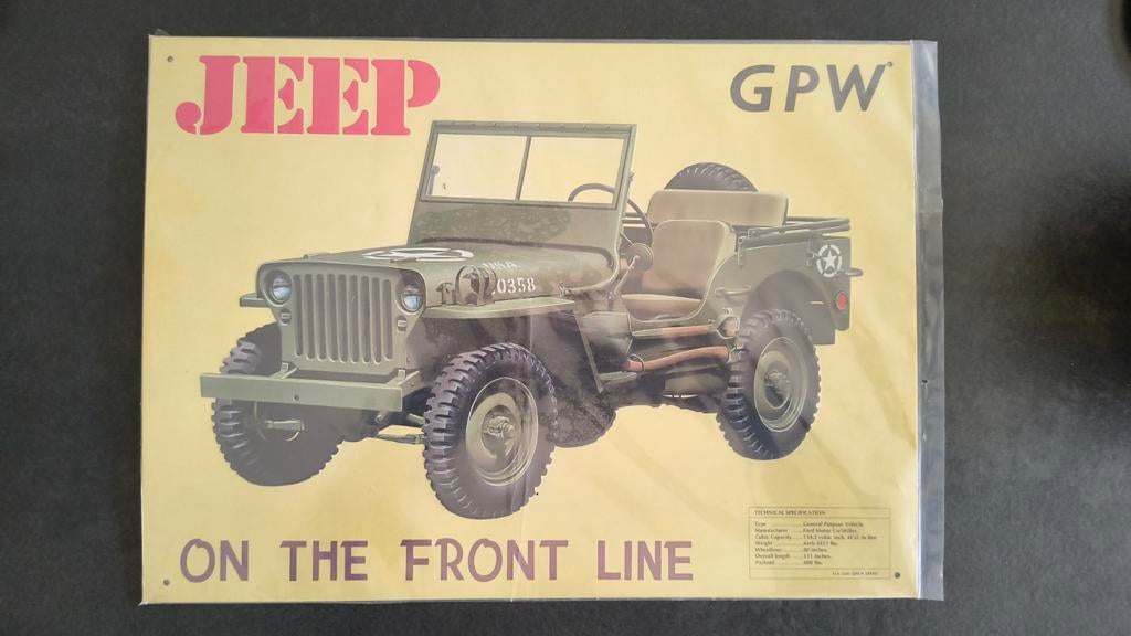 Metalen Blik Plaat Jeep GPW "On the Front Line", Ophalen of Verzenden, Reclamebord