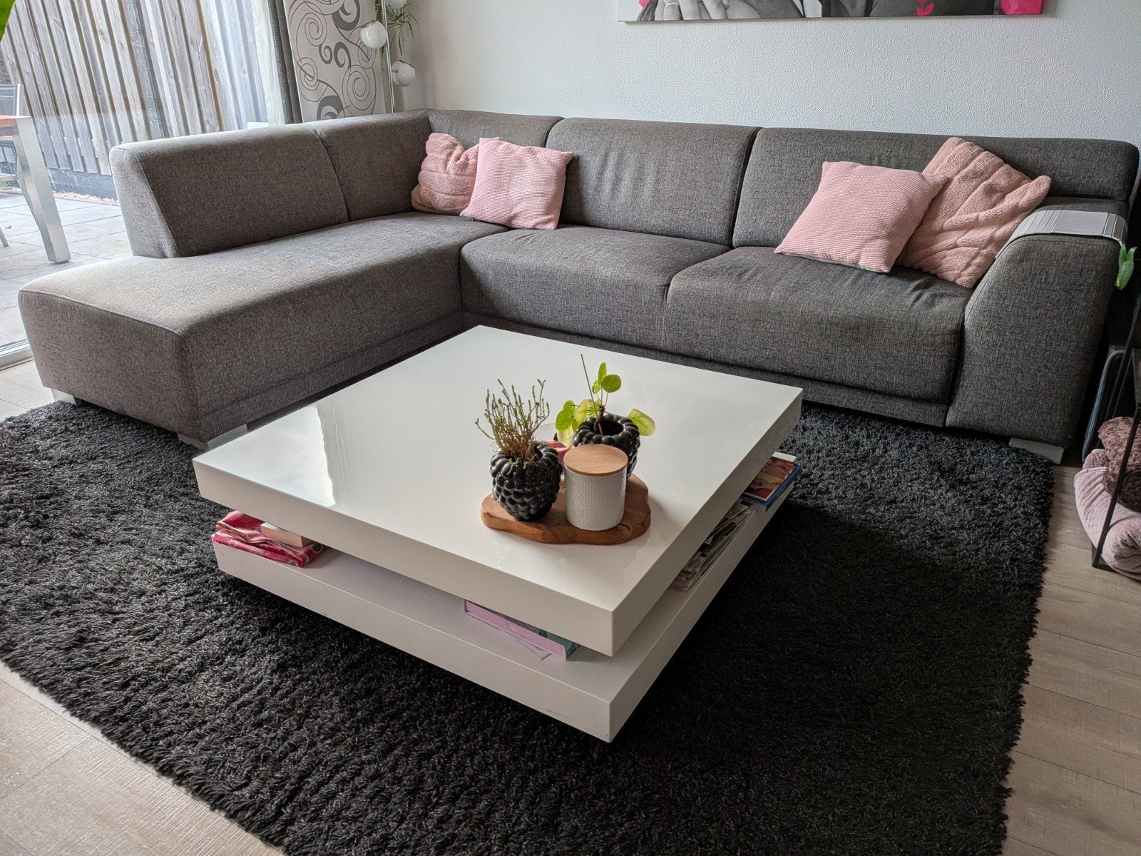 Grijze hoekbank met chaise longue, Ophalen, 250 tot 300 cm, Gebruikt, Hoekbank
