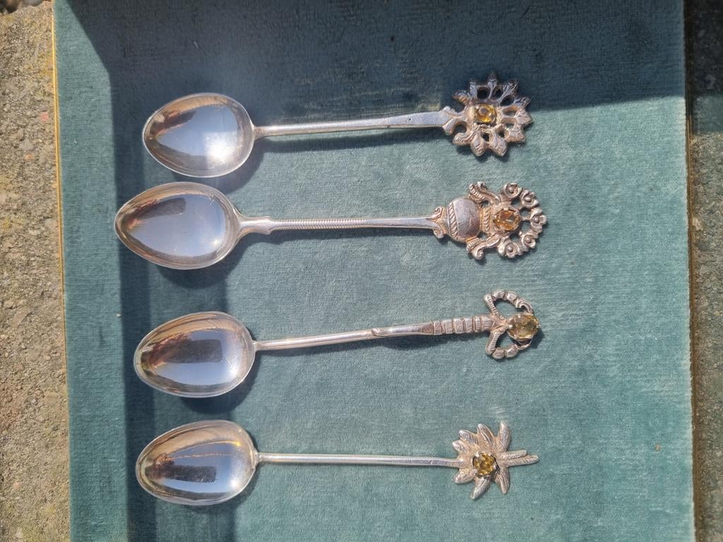 Set van 4 Antieke Zilveren Lepeltjes met Edelstenen, Ophalen of Verzenden