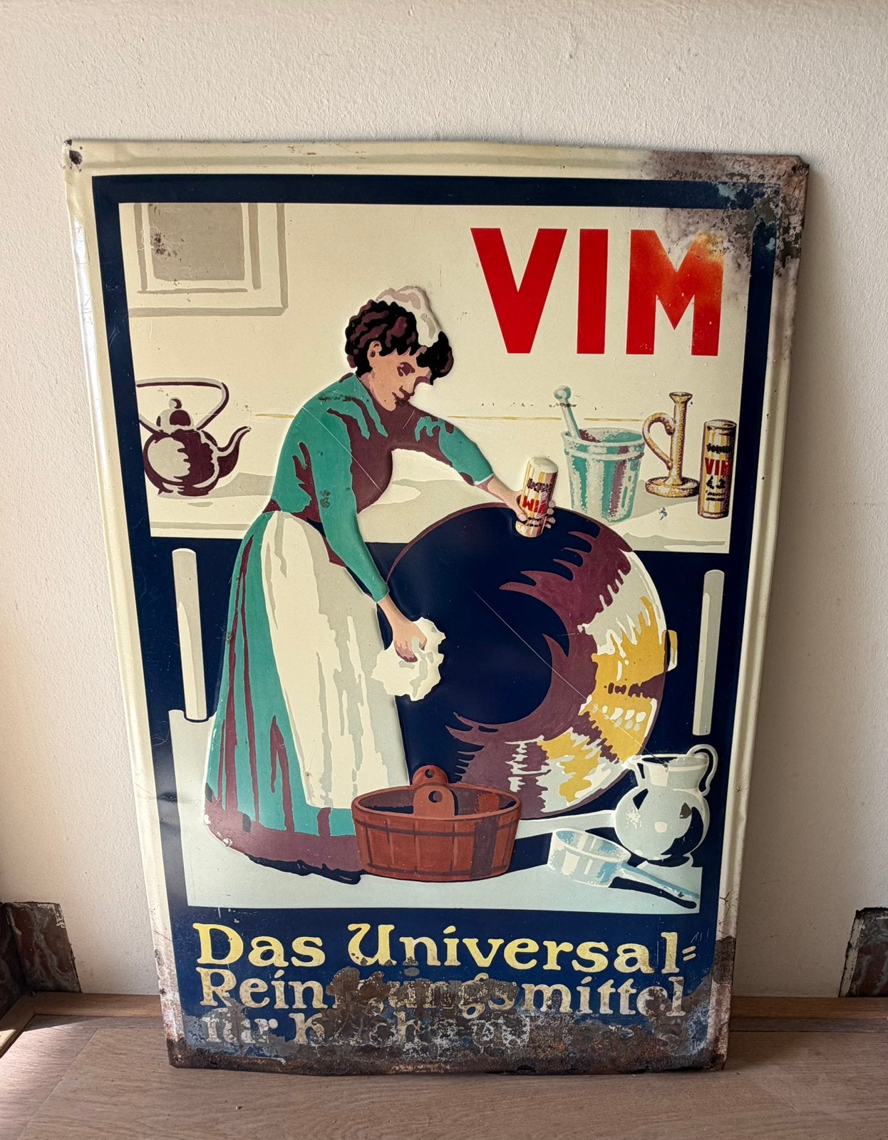 Vintage emaille reclamebord van VIM reinigingsmiddel, Ophalen
