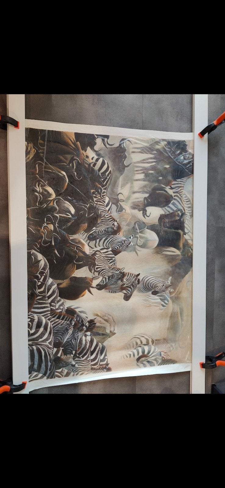 Schilderij op doek: Zebra's en olifanten, 130x100cm, Ophalen of Verzenden, Dieren, Olieverf, Op houten frame