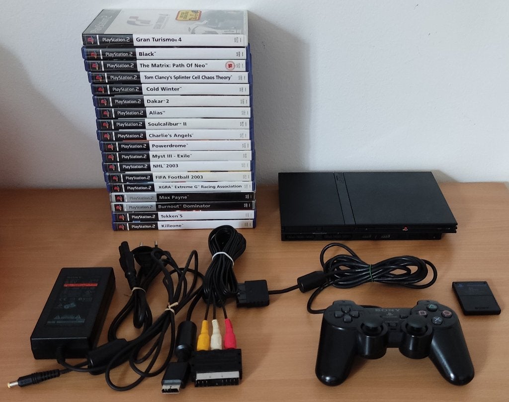 PlayStation 2 Slim + 18 Games + Controller + Memory Card, Gebruikt, Zwart, Met games, Ophalen of Verzenden