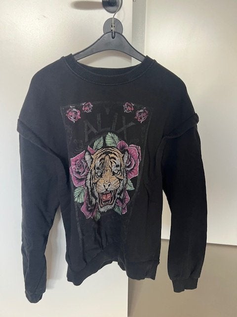 Zwarte sweater/trui van Alix met tijgerkop, maat xs, Verzenden, Gedragen, Maat 34 (XS) of kleiner, Zwart