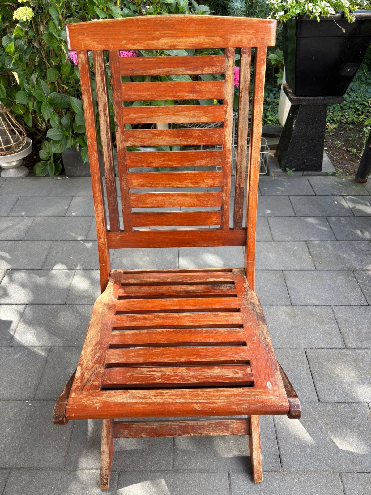 Gratis 4 teakhouten tuinstoelen., Tuin en Terras, Ophalen, Gebruikt, Teakhout, Inklapbaar