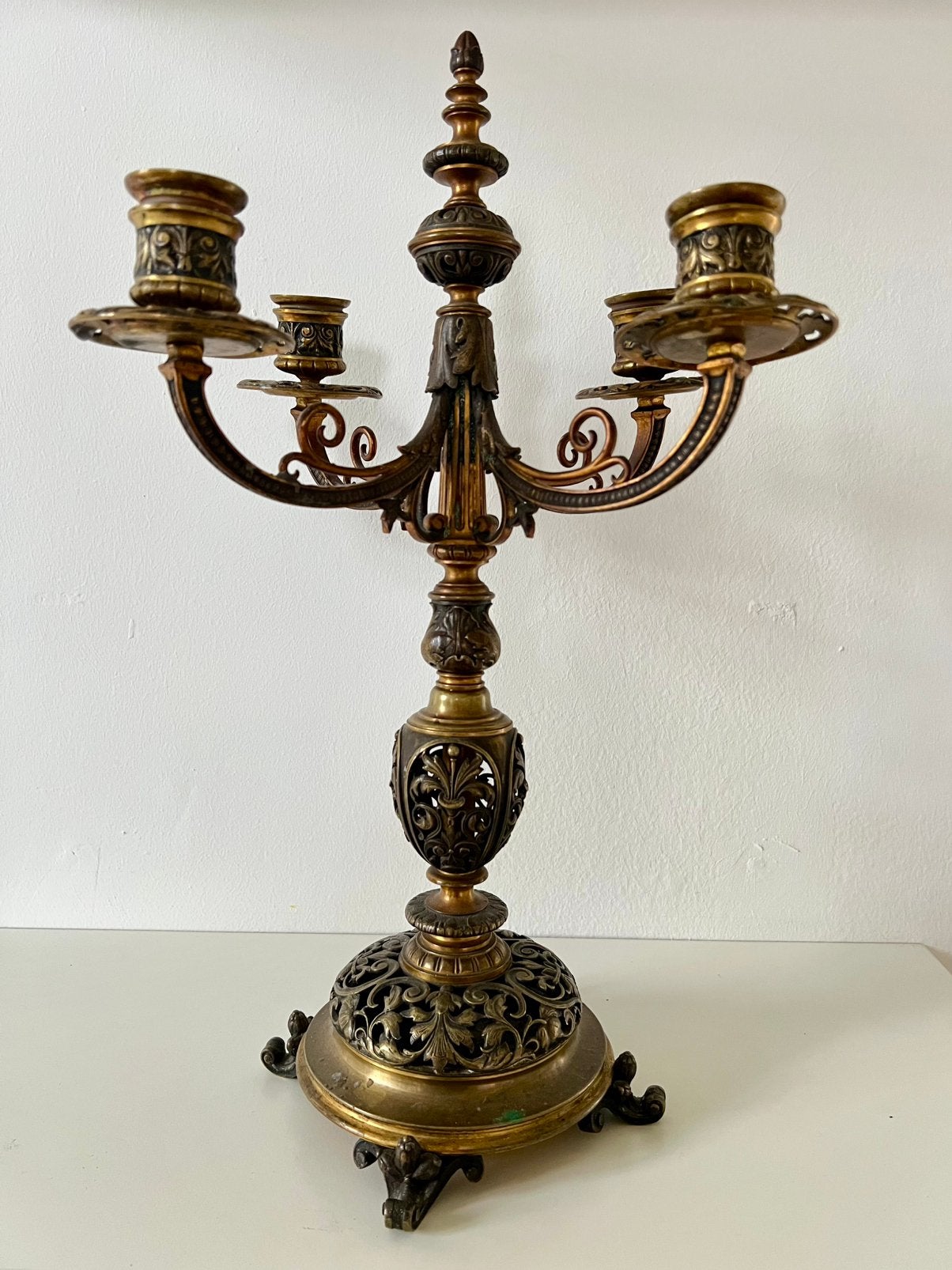 Prachtige 4-armige kandelaar, brons/messing, Ophalen of Verzenden, Koper of Brons