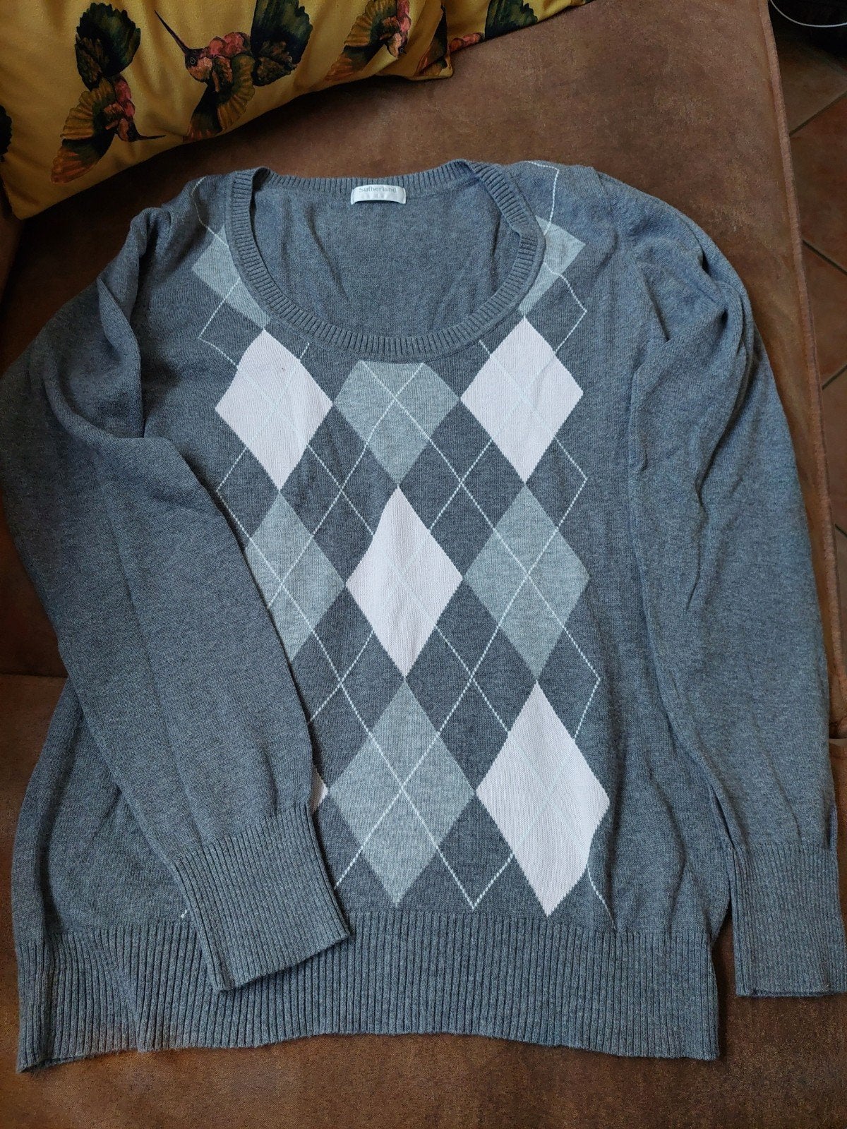 Sutherland Argyle Trui Maat L - grijs geruit met roze, Sutherland, Maat 42/44 (L), Ophalen of Verzenden, Zo goed als nieuw