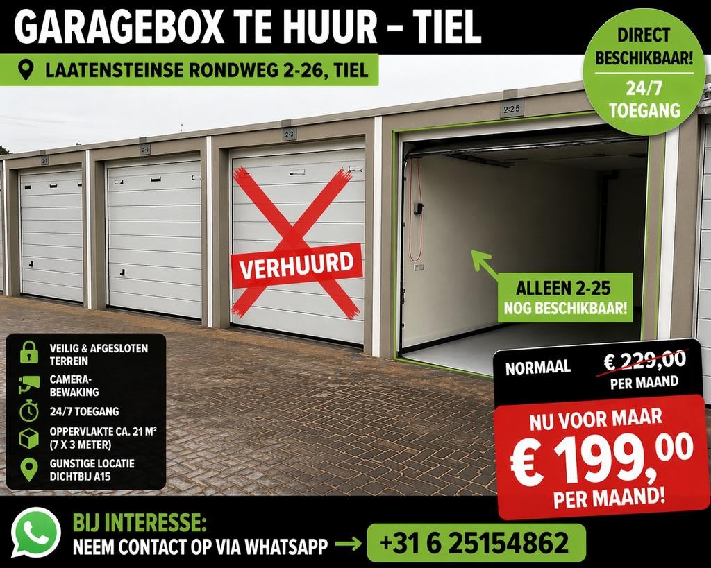 GERESERVEERD: Garagebox 21m2 Tiel - Nog één beschikbaar, Auto diversen, Autostallingen en Garages