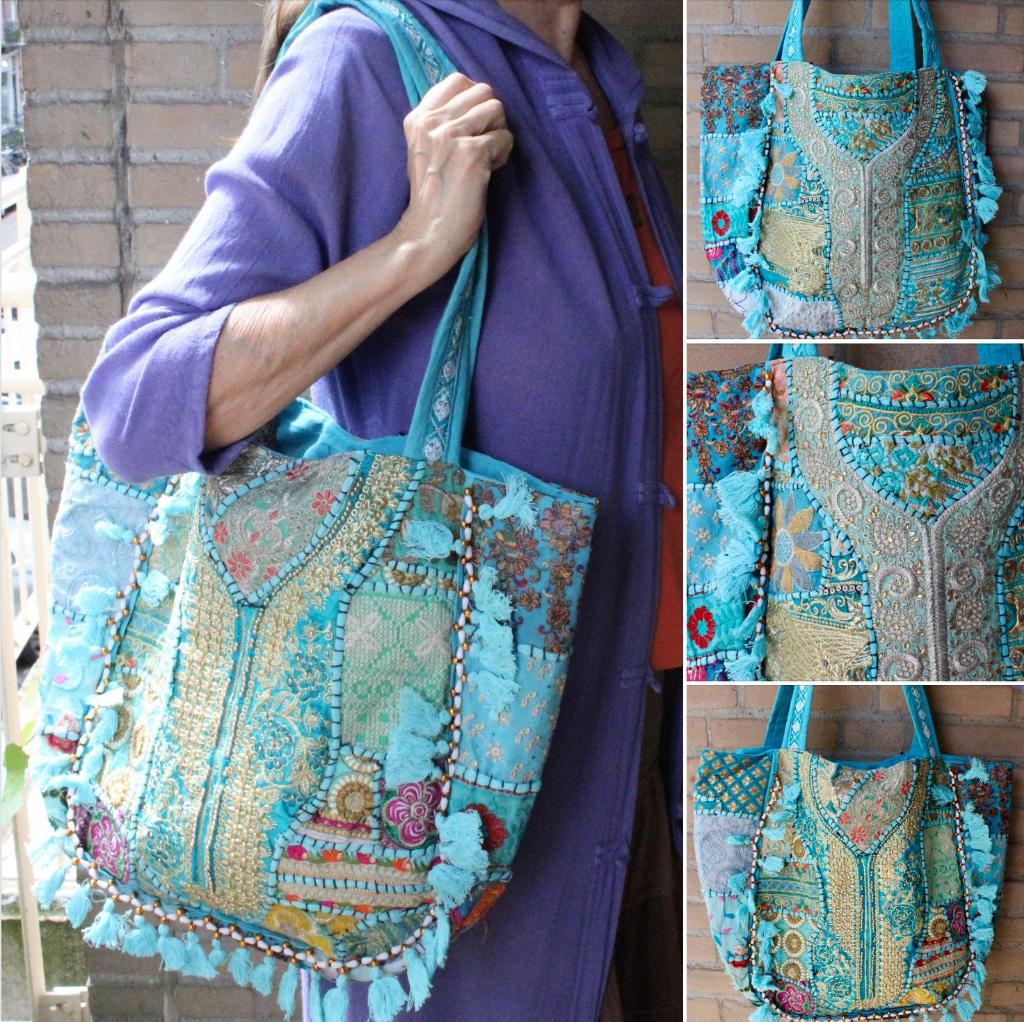 Bohemian TURQUOISE GOUD geborduurde glitter tote bag shopper, Sieraden, Tassen en Uiterlijk, Tassen | Damestassen, Ophalen of Verzenden