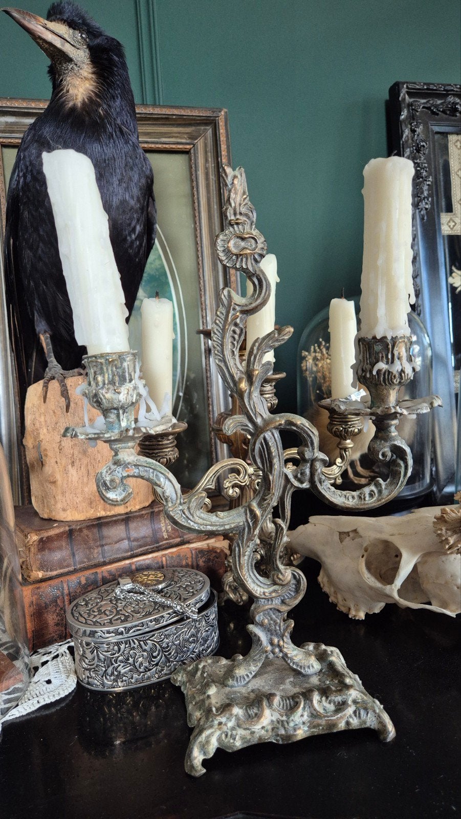 Antieke bronzen kandelaar met 2 armen, Antiek en Kunst, Ophalen, Koper of Brons