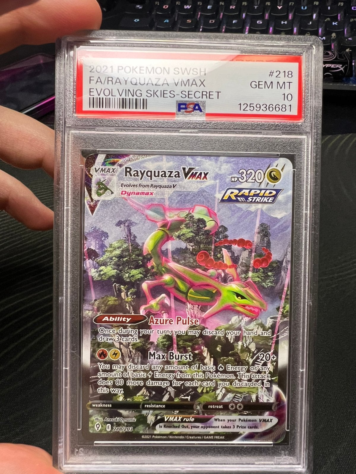 Pokémon Rayquaza VMAX – PSA 10 GEM MINT – Evolving Skies, Ophalen of Verzenden, Zo goed als nieuw