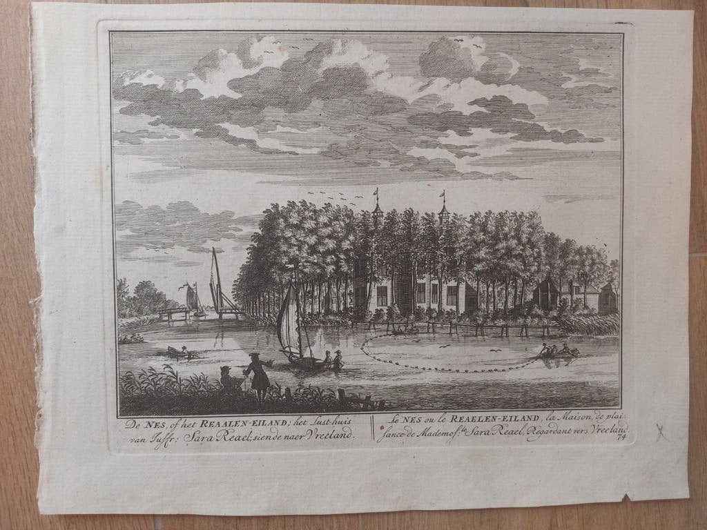 74 De Nes of Reaalen Eiland Nederhorst den Berg Gravure 1719, Antiek en Kunst, Stadsgezicht, Blanco verso, Ophalen of Verzenden