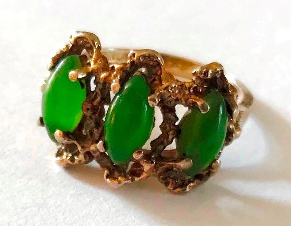 Bijzondere handgemaakte sterling zilveren ring met 3 Jade, Verzenden, Zilver, Ring, Met edelsteen