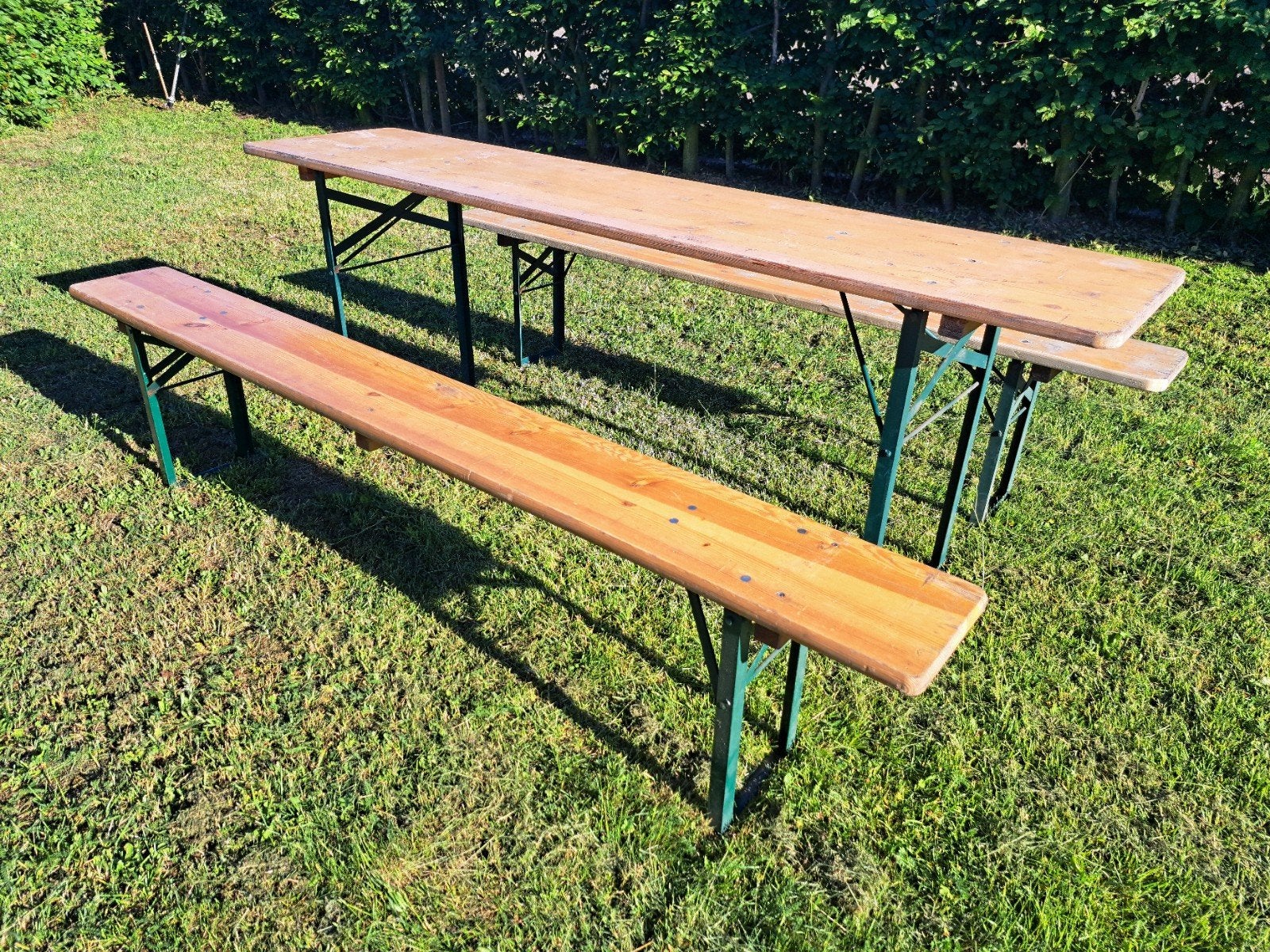 Originele Duitse biertafel met banken 220x50 cm, Ophalen, Gebruikt, Inklapbaar, Rechthoekig