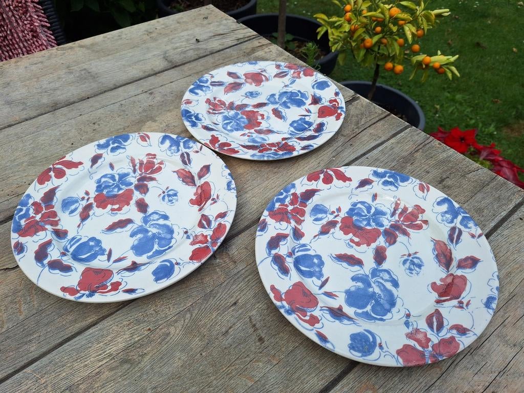 3x Vintage Dinerborden EIT England - Bloemen Blauw/Rood, Ophalen of Verzenden