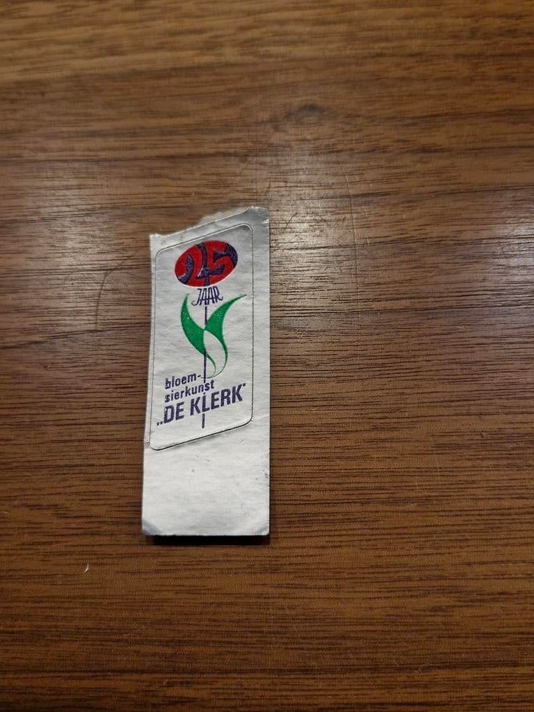 6989 Sticker bloem- sierkunst "DE KLERK" 25 jaar, Verzamelen, Ophalen of Verzenden