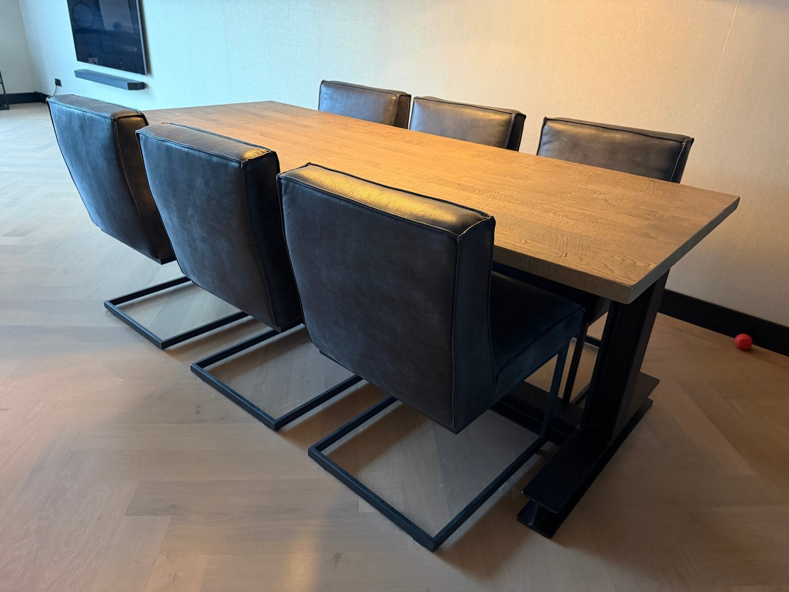 6 Fred de la Bretoniere lederen eetkamerstoelen, Ophalen, Zwart, Leer, Zo goed als nieuw