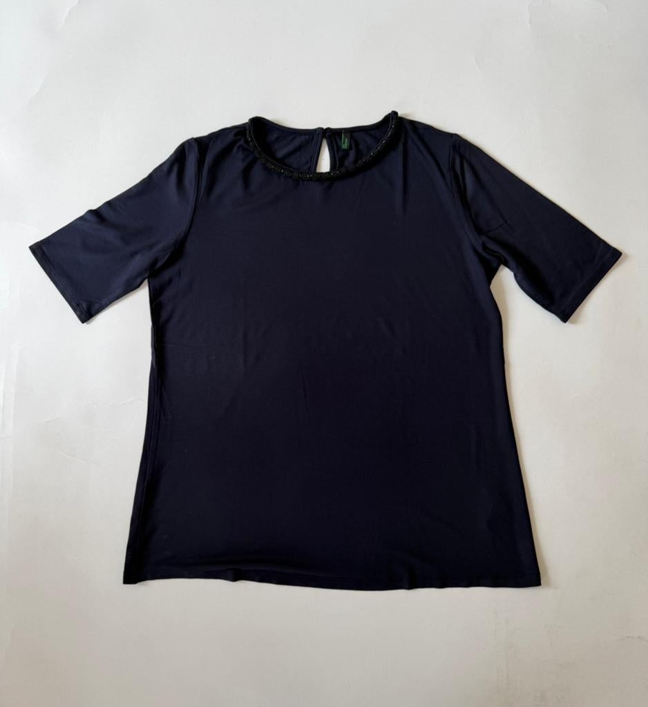 Benetton stile blauw shirt, kralen kraag, maat L, Blauw, Maat 42/44 (L), Ophalen of Verzenden, Zo goed als nieuw