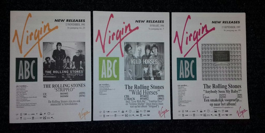 Rolling Stones PROMO FOLDERS Virgin Music set van 3 1995-97, Virgin, Verzenden, NvT, Boek, Tijdschrift of Artikel