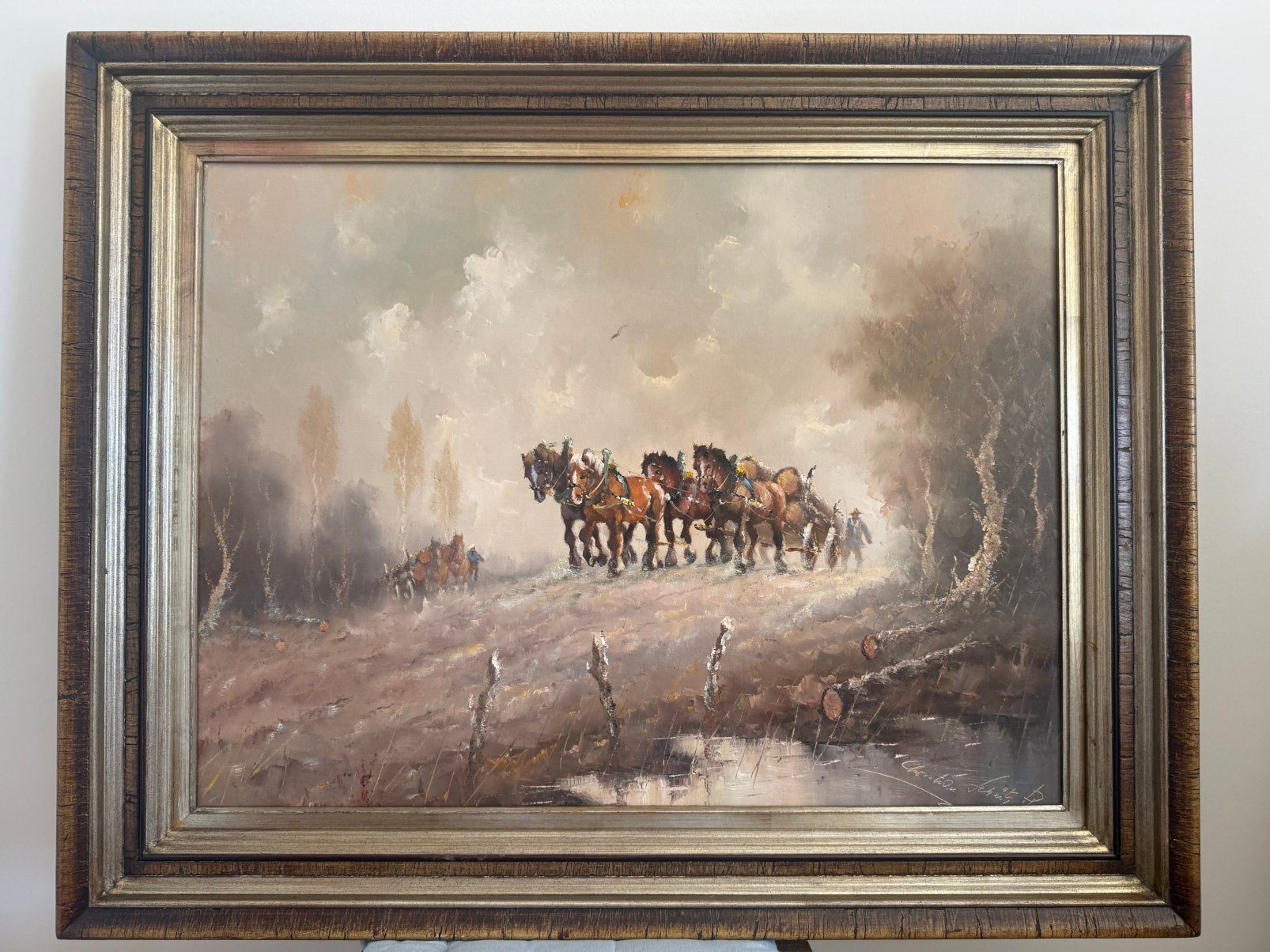 Chritian Theodore Schutz- ardenner trekpaarden, Antiek en Kunst, Ophalen, Doek, Impressionistisch, Olieverf