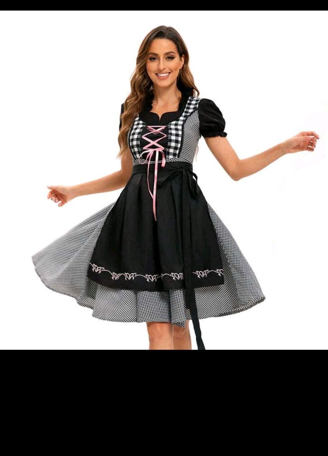 Dirndl jurk zwart-wit mt L/XL geruit met roze lint, Maat 42/44 (L), Nieuw, Ophalen of Verzenden, Overige thema's