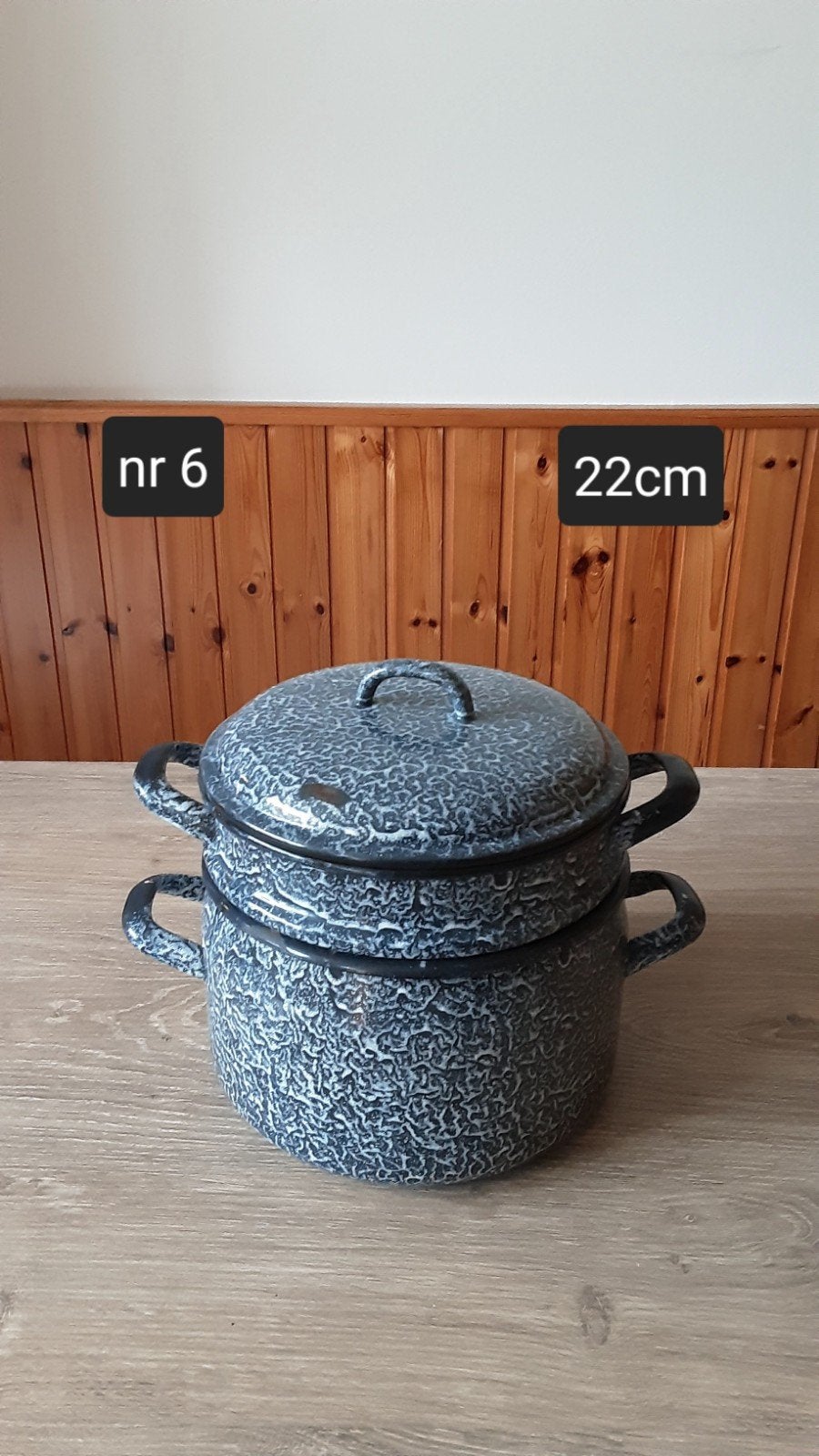 EMAILLE GRIJSGEWOLKTE STOOMPAN DIAMETER 22CM., Antiek en Kunst, Antiek | Emaille, Ophalen of Verzenden