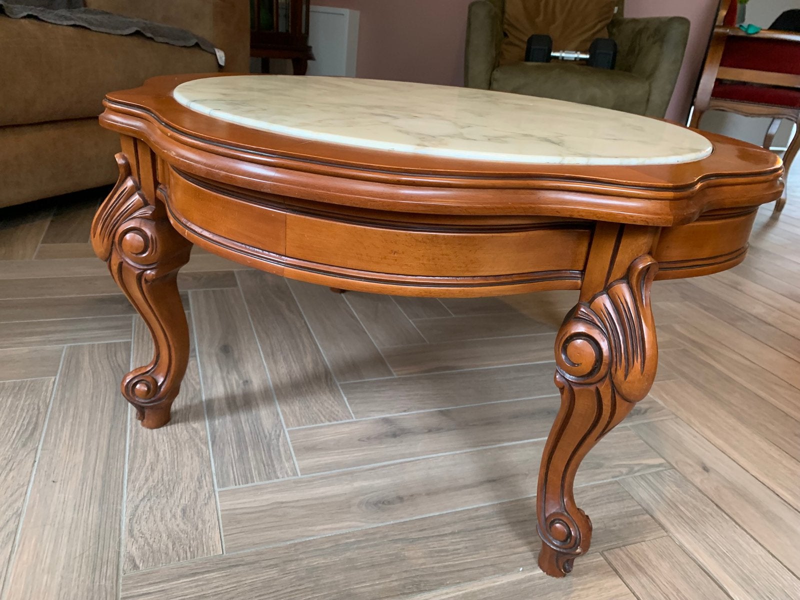 Vintage salontafel  met marmer blad en bijpassend stoeltje, Ophalen