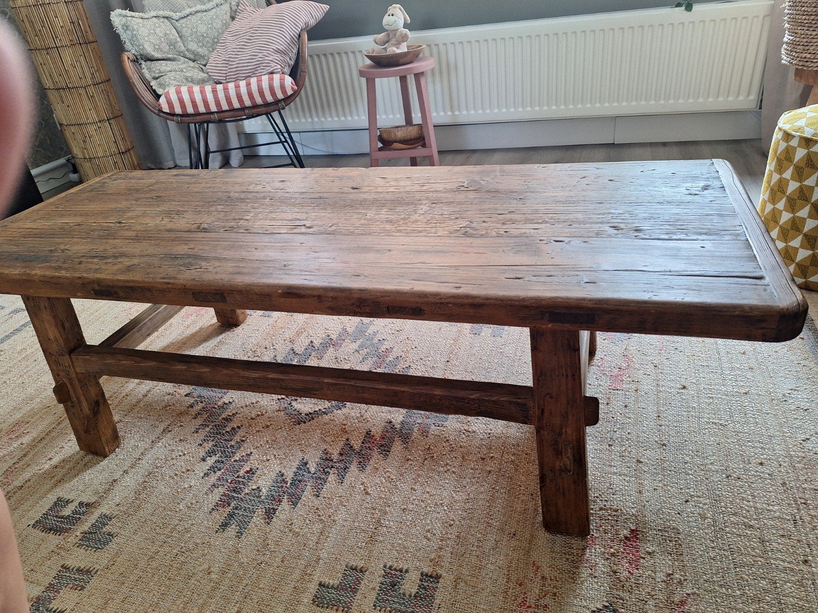 Robuuste houten old wood salontafel - 140x55 cm, Huis en Inrichting, Tafels | Salontafels, Ophalen, Rechthoekig, 100 tot 150 cm