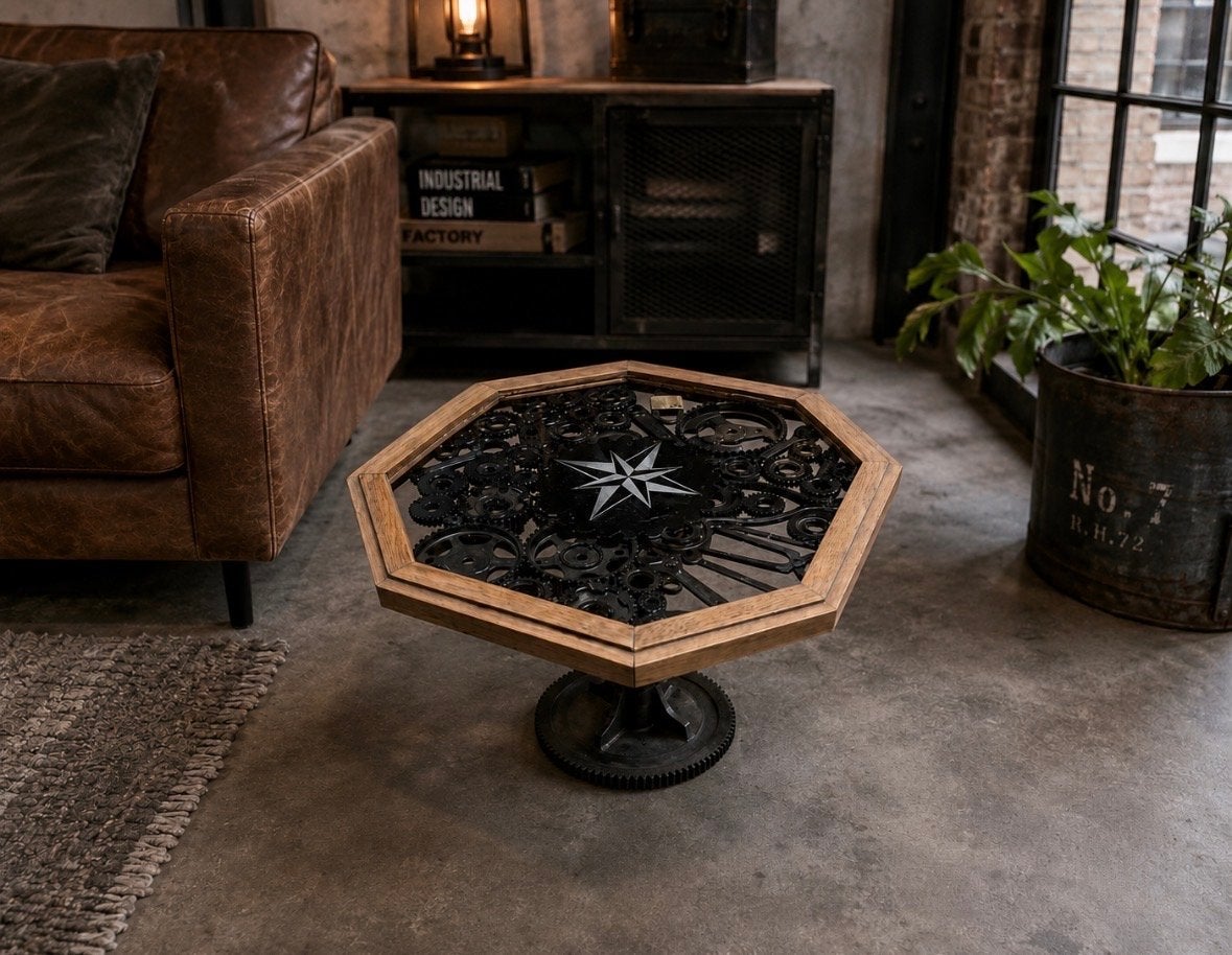 Unieke handgemaakte bijzettafel met industriële look, Huis en Inrichting, Ophalen of Verzenden, Zo goed als nieuw, Overige vormen