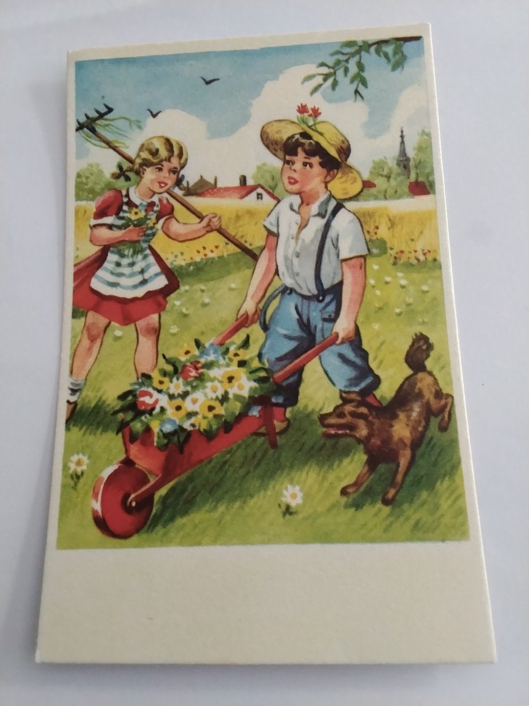 Vintage Ansichtkaart: Kinderen met Kruiwagen en Hond, Ophalen of Verzenden, 1940 tot 1960, Ongelopen, Kinderen