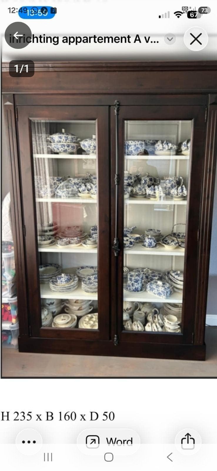Prachtige massief houten vitrine / servieskast, Ophalen, 25 tot 50 cm, Glas, 200 cm of meer