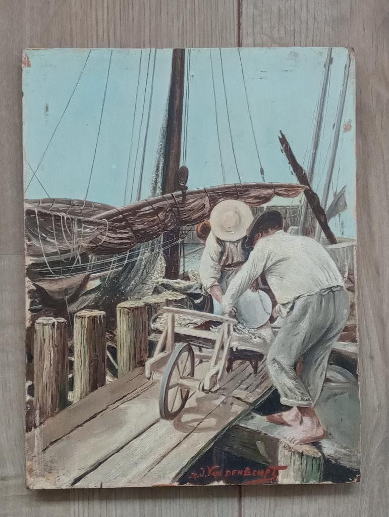 Olie op paneel - uitladen van de boot -AJ van den Bempt, Ophalen