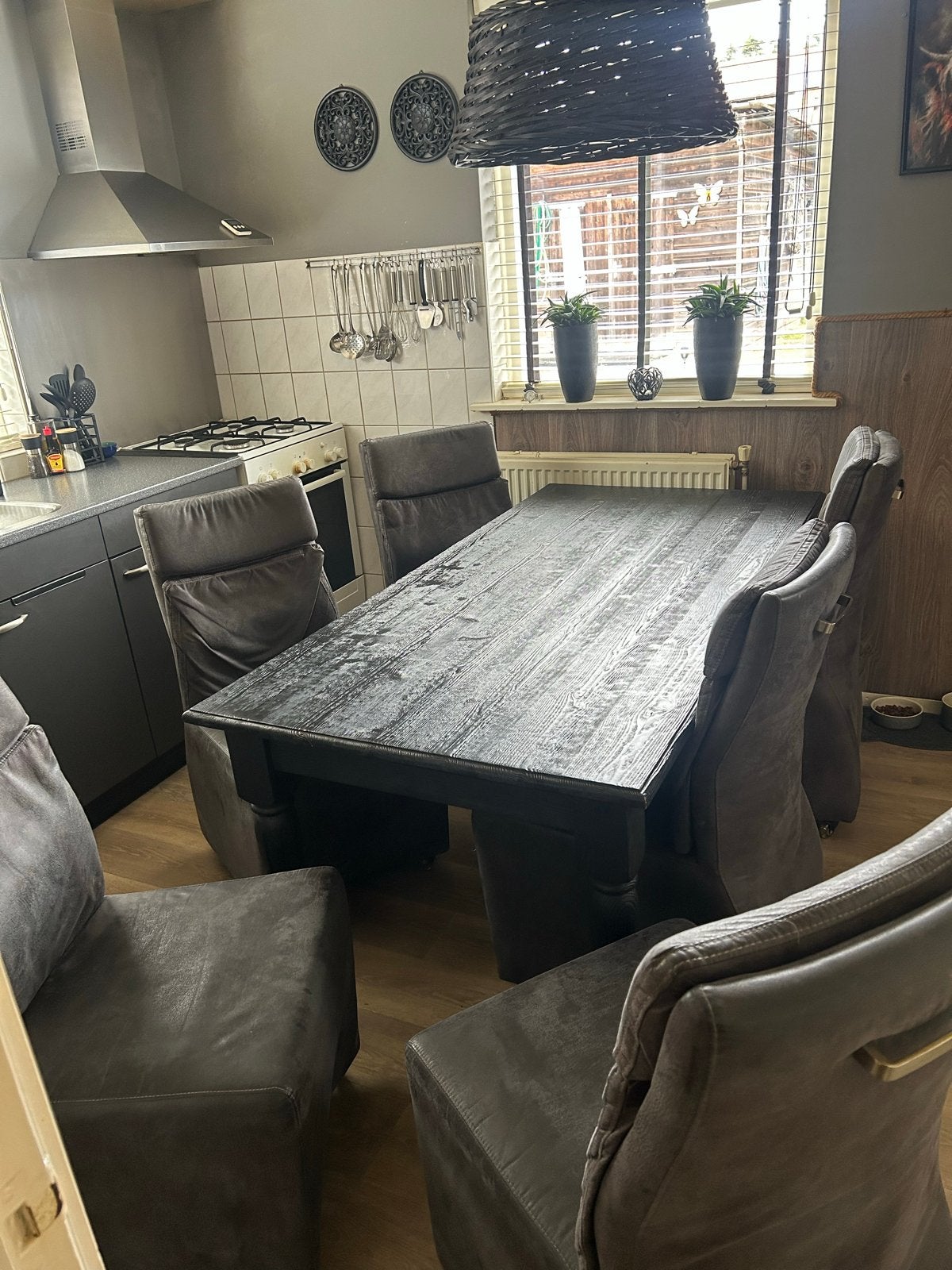 6 Eetkamerstoelen- Antraciet - wieltjes, Ophalen, Gebruikt, Grijs, Vijf, Zes of meer stoelen