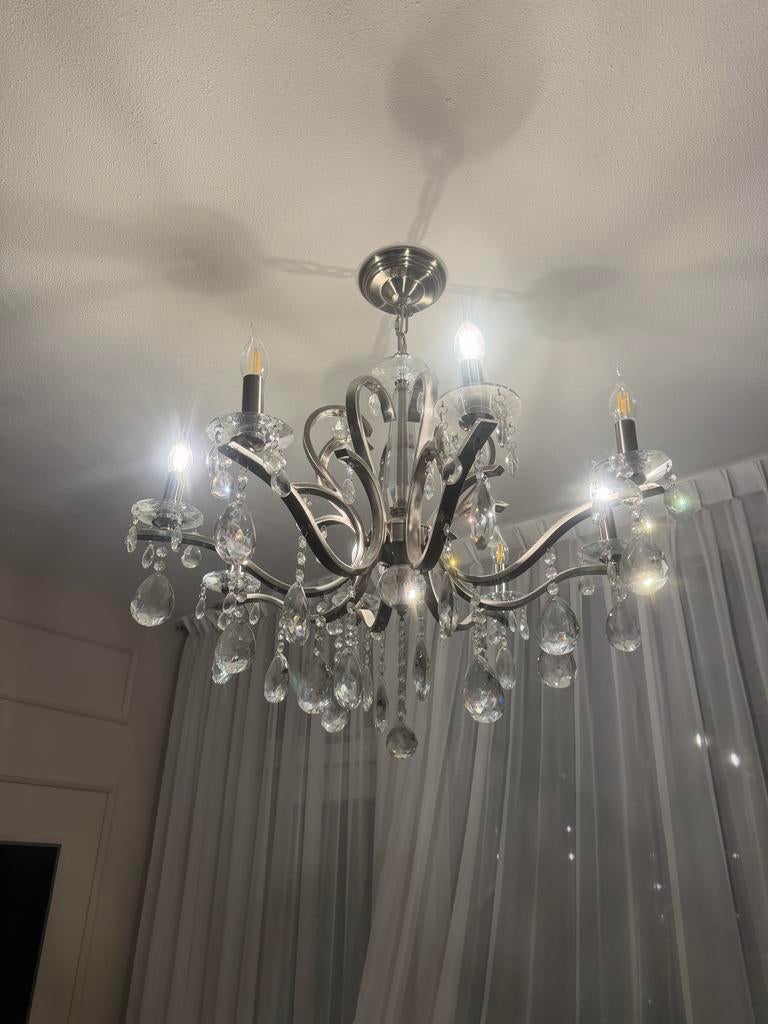 Zilveren hanglamp/kroonluchter met 8 lampjes, Ophalen, Zo goed als nieuw, Metaal