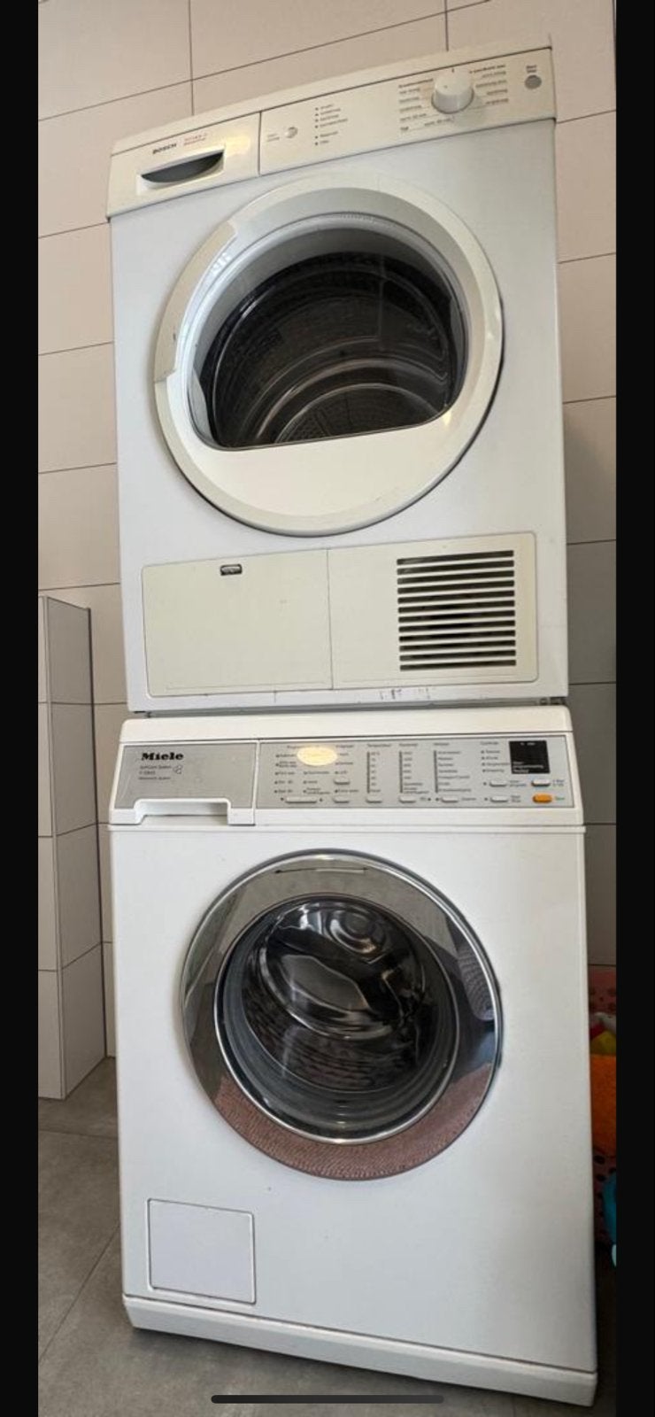 Wasmachine en droger set - Miele en Bosch, Witgoed en Apparatuur, Wasmachines, Ophalen, Gebruikt, Voorlader, 85 tot 90 cm