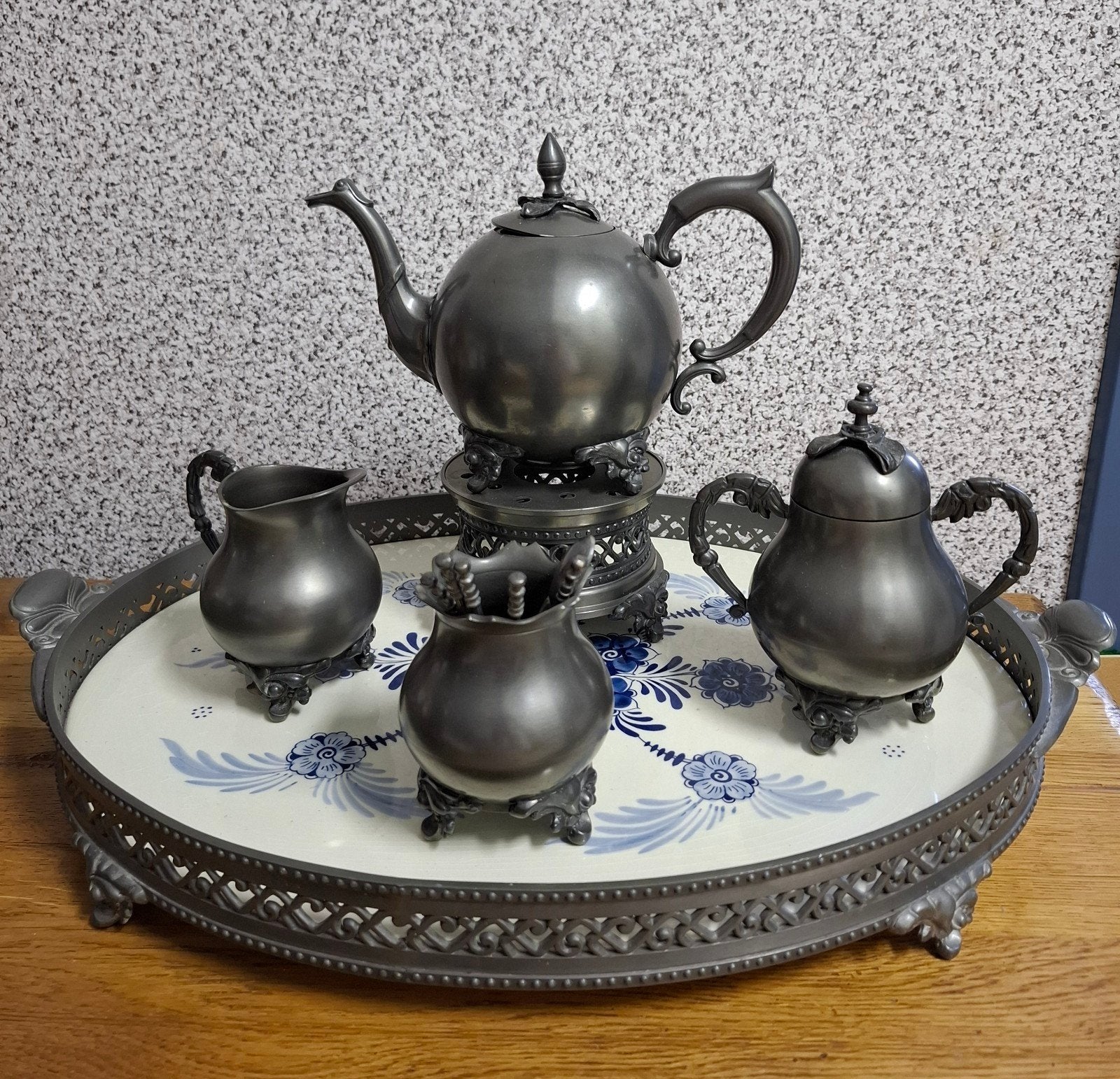 Antiek tinnen theeservies met Delfts blauw dienblad, Ophalen of Verzenden