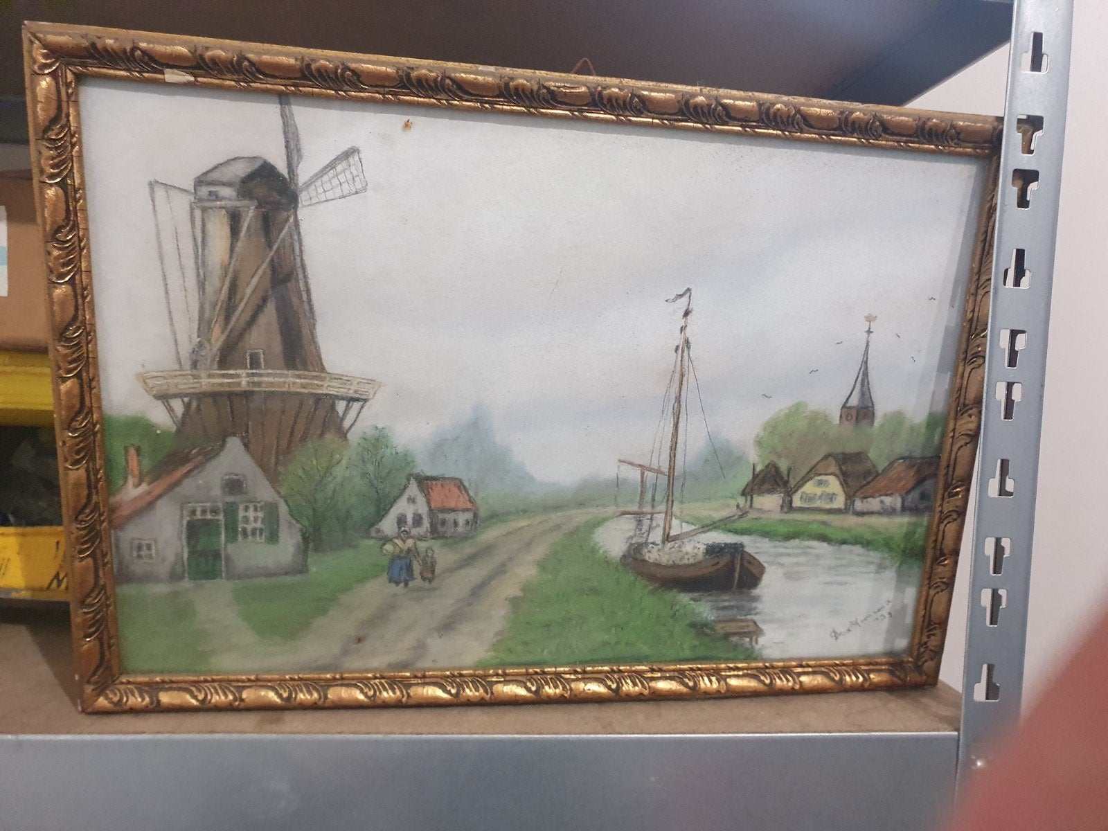 Oud Hollands Landschap met Molen en Schip, gesigneerd, Ophalen