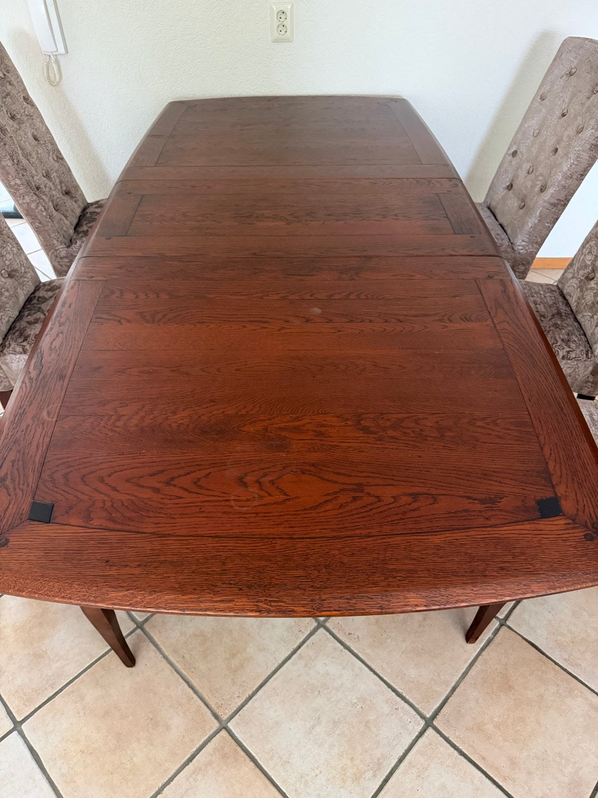 Uitschuifbare eettafel van eikenhout met 6 stoelen, Ophalen, Gebruikt, 100 tot 150 cm, Eikenhout