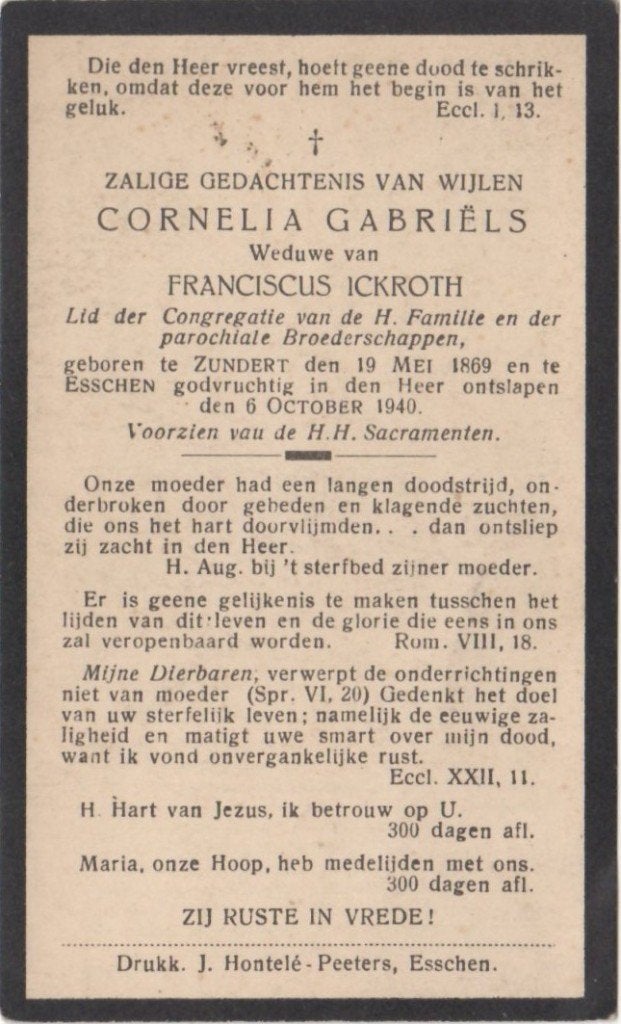 Cornelia Gabriëls 1869 Zundert (Nl) + 1940 Esschen, 71 jaar, Ophalen of Verzenden