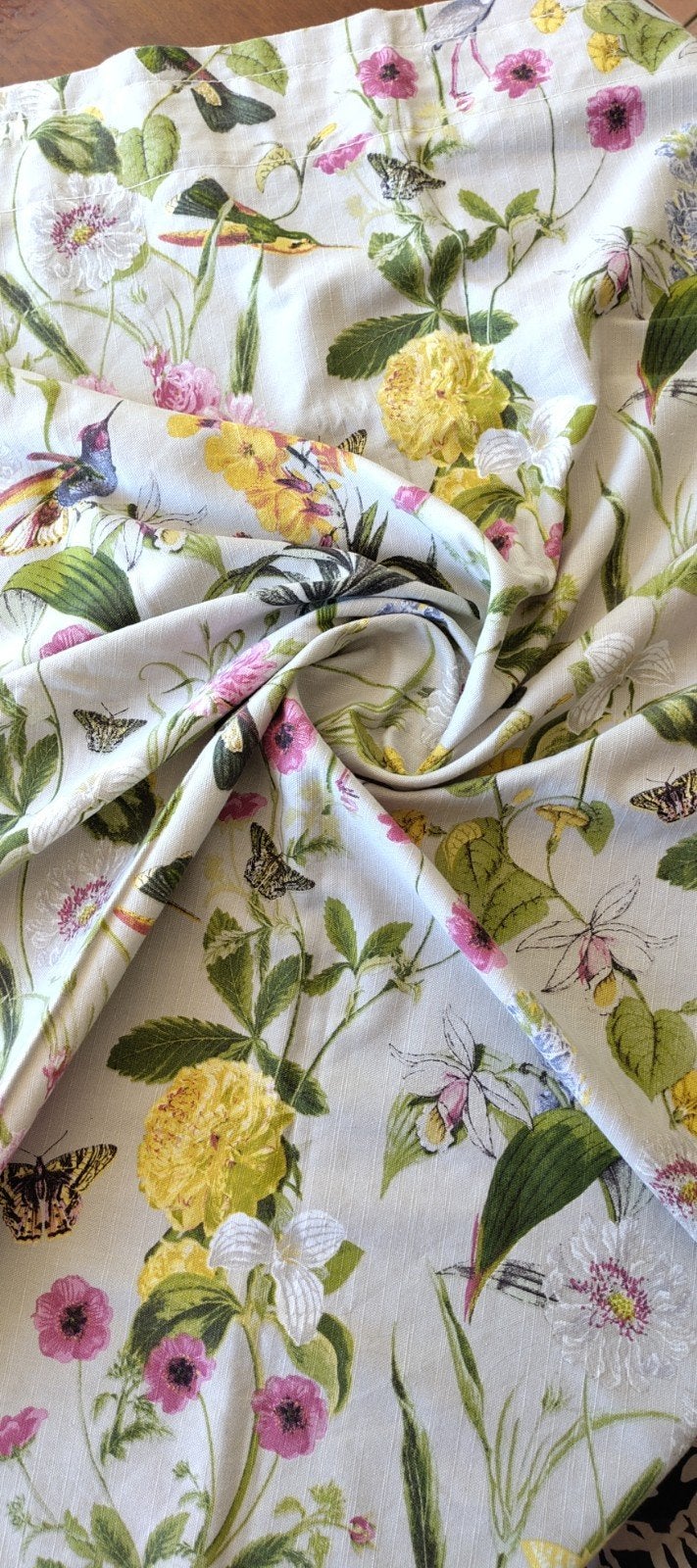 Gordijnen met bloemenprint, vogels en vlinders, Gebruikt, Groen, Ophalen of Verzenden, Lichtdoorlatend