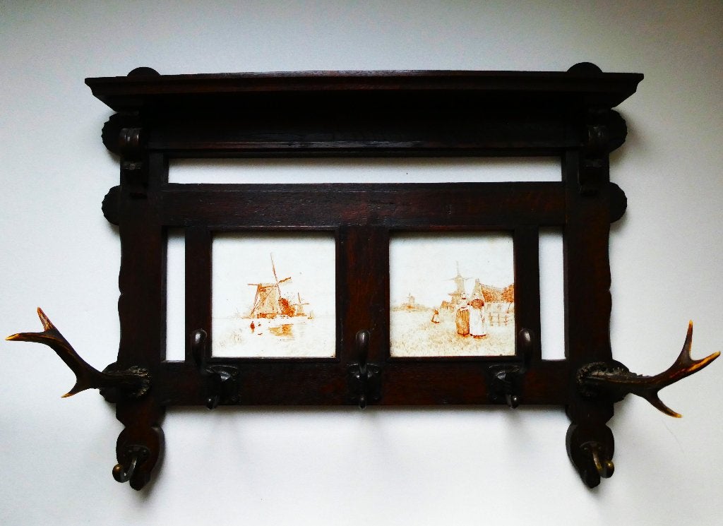 Hollandse kapstok gewei 2 tegels klederdracht jacht 5 haken, Antiek en Kunst, Ophalen of Verzenden