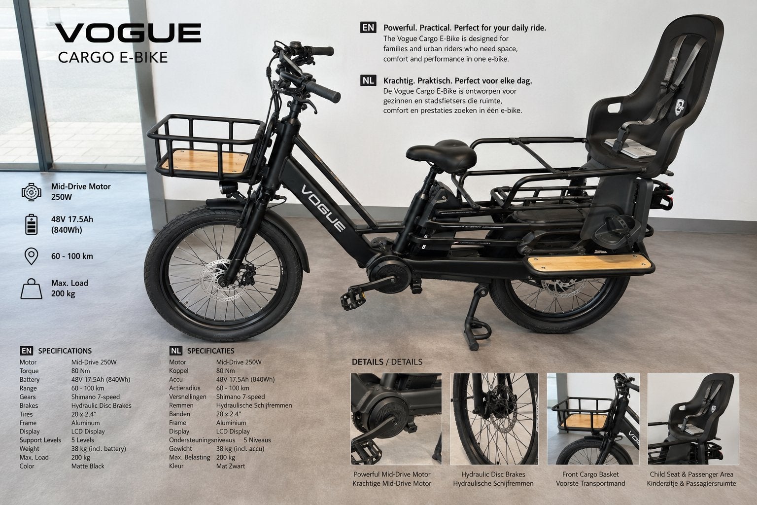 Vogue Cargo E-Bike: Ideaal voor Gezinnen en Dagelijks Gebrui, Overige merken, Ophalen of Verzenden, Zo goed als nieuw, Minder dan 47 cm