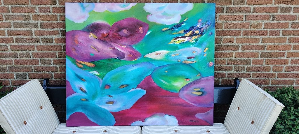 Kleurrijk schilderij  "Bloemen" 120x100 cm gesign. KASIA, Ophalen