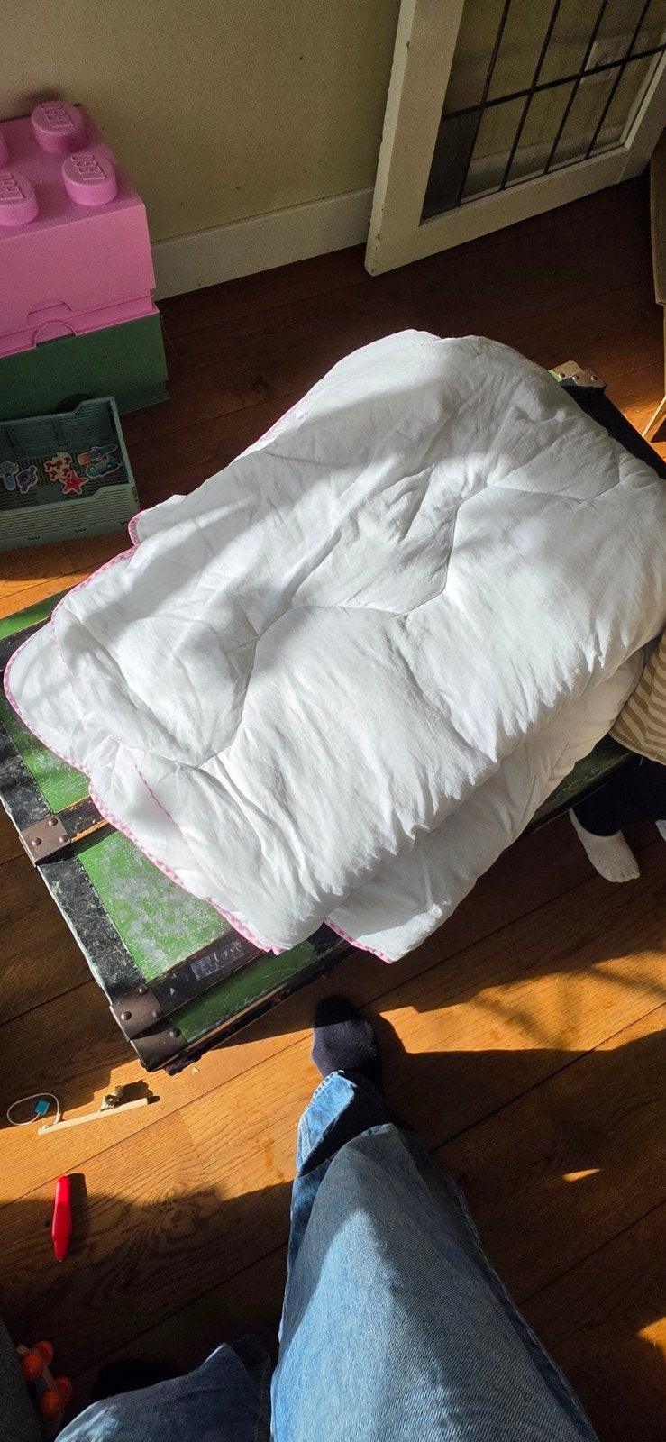 Wit dekbed met roze bies, Ophalen, Gebruikt, Eenpersoons, Wit